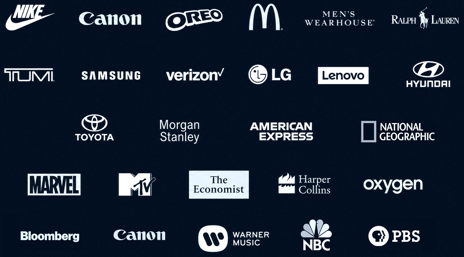 Selected clients including Nike, Canon, Oreo, McDonald's, Ralph Lauren, Samsung, Verizon, LG, Lenovo, Hyundai, Toyota, Morgan Stanley, American Express, National Geographic, Marvel, MTV, The Economist, HarperCollins, Oxygen, Bloomberg, Warner Music, NBC, and PBS